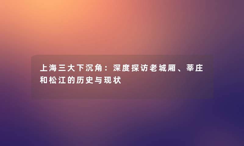 上海三大下沉角：深度探访老城厢、莘庄和松江的历史与现状